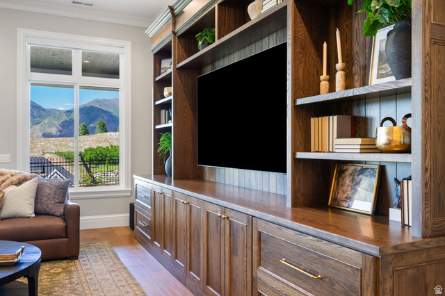 115 East Hidden Ridge Lane, Unit 42 Mapleton, UT 84664 - Photo 79 of 103 Custom built-in entertainment center featuring rich wood-finish cabinetry, integrated shelving, and a large display area