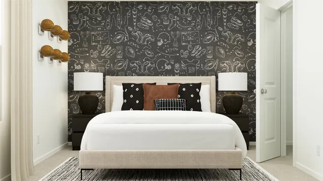 a bedroom with a bed and a night stand