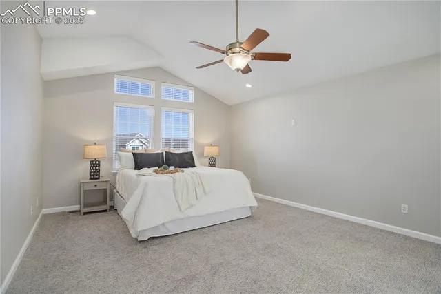 a bed room with a bed and a ceiling fan