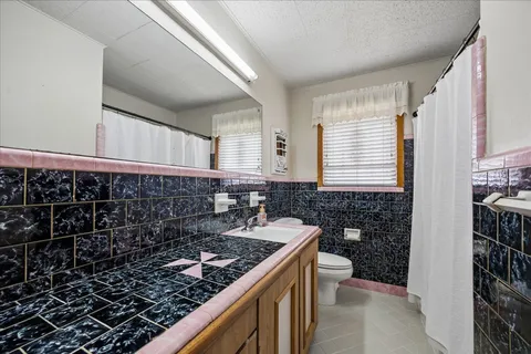 a bathroom with a granite countertop sink a toilet and shower