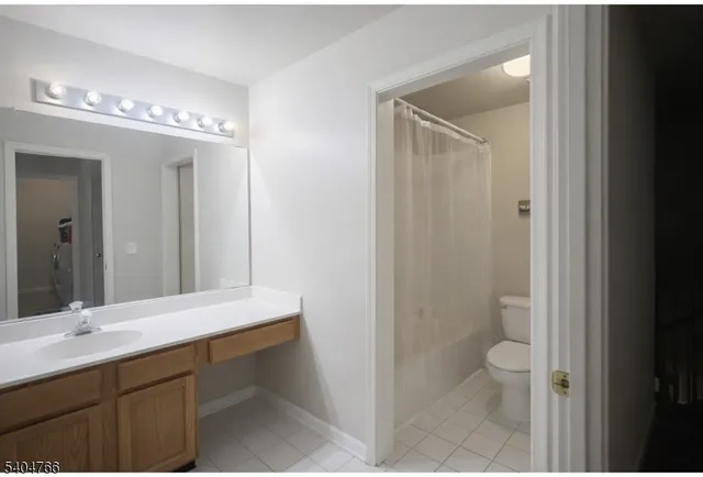 a bathroom with a sink a toilet a large mirror and shower