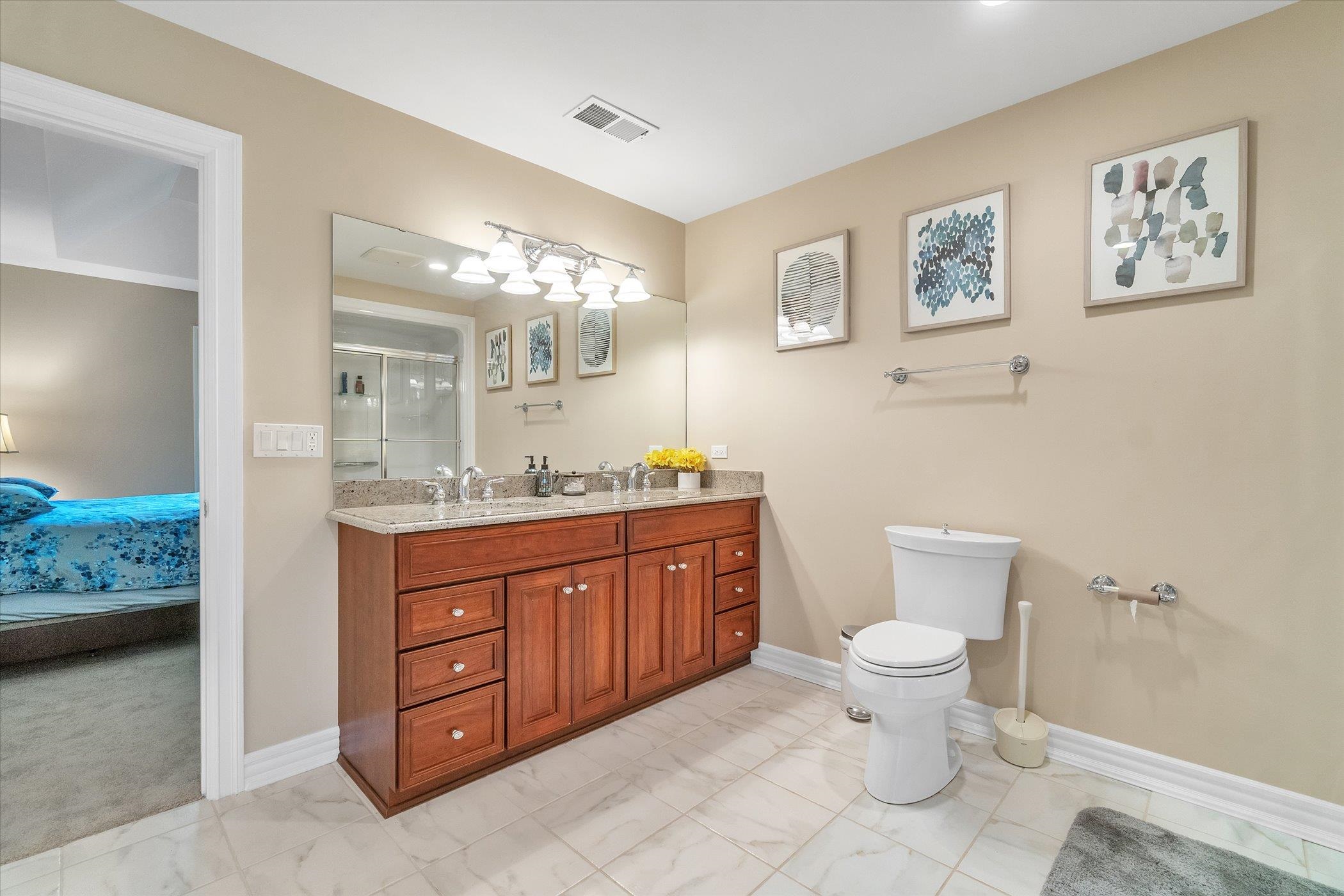 12535 Bellingham Road Caledonia, IL 61011 - Photo 41 of 57 a bathroom with a granite countertop toilet a sink and a large mirror