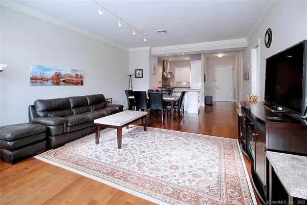 a living room with furniture and a rug