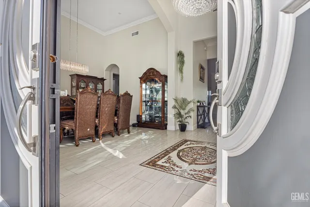 a view of a dining table with chairs