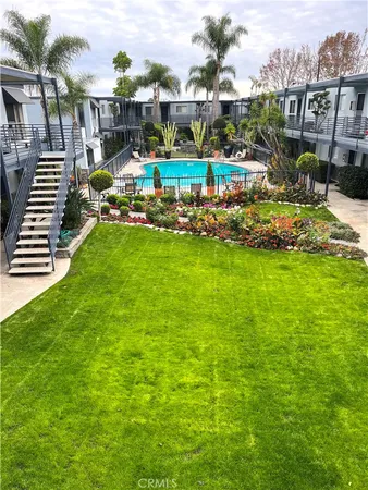 a view of a swimming pool with lawn chairs and plants