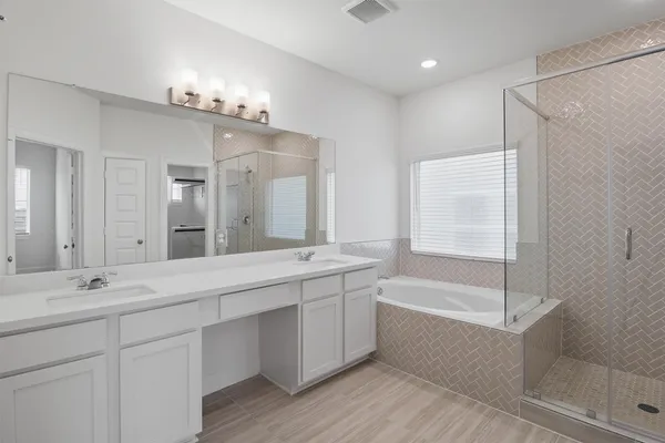a bathroom with a tub a sink shower and mirror