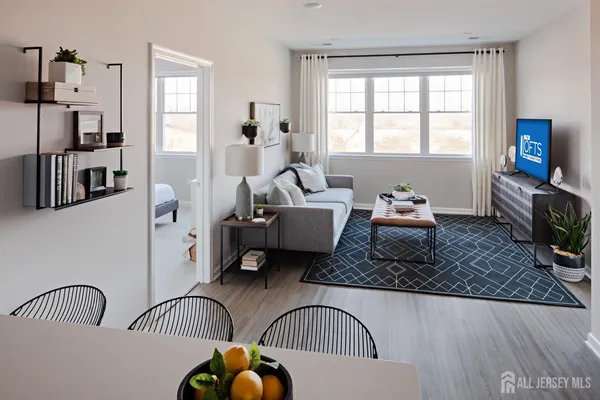 a living room with furniture rug and window