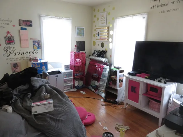 a bedroom with furniture and a book shelf