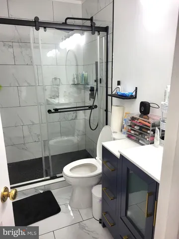 a bathroom with a sink a toilet a mirror and shower