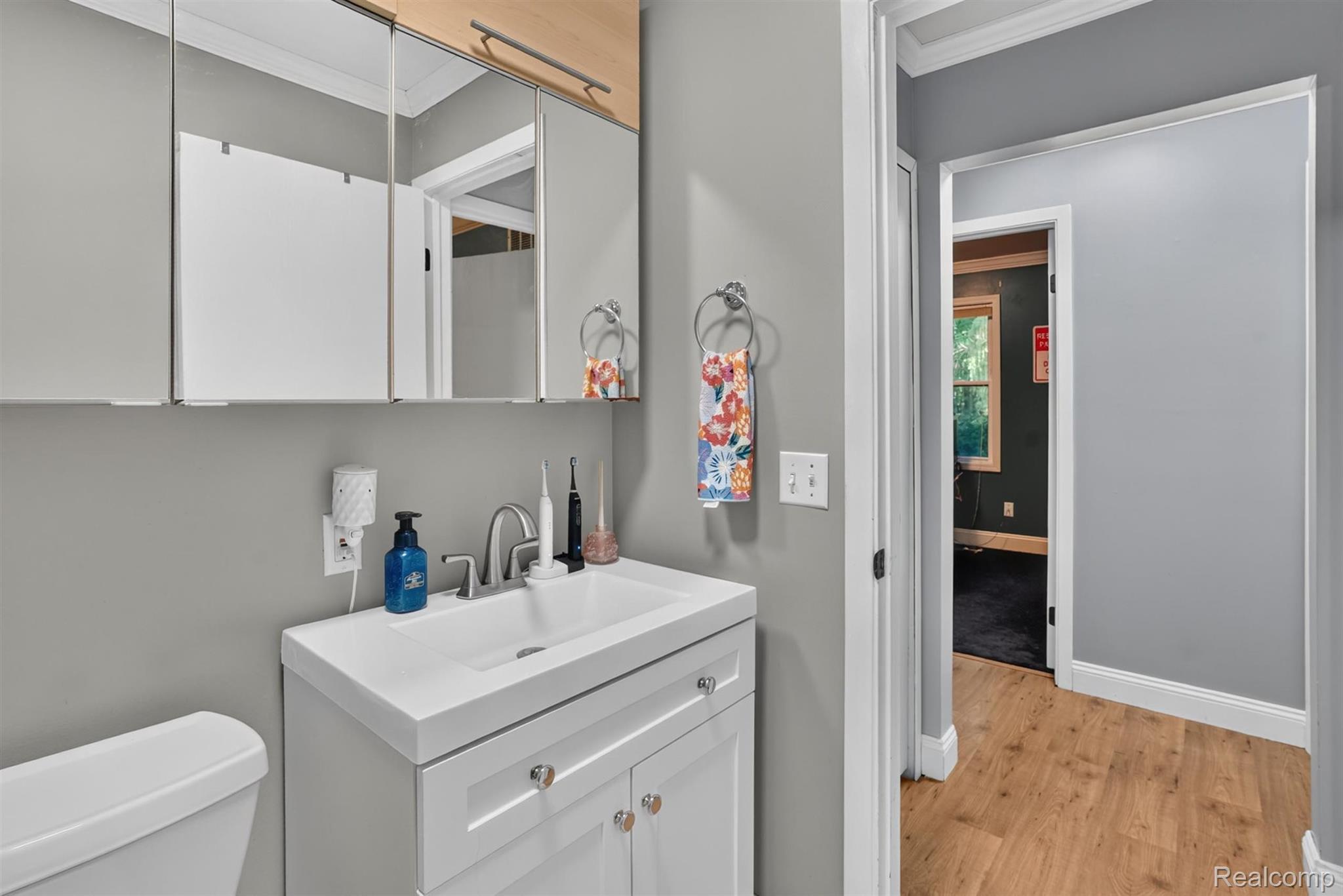 8696 West Sargent Road Fowlerville, MI 48836 - Photo 24 of 36 Bathroom vanity featuring a rectangular sink, chrome faucet, and white cabinet storage
