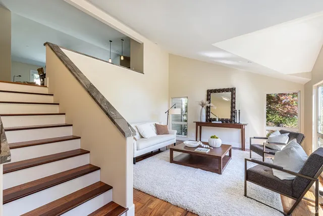 a living room with furniture and a potted plant