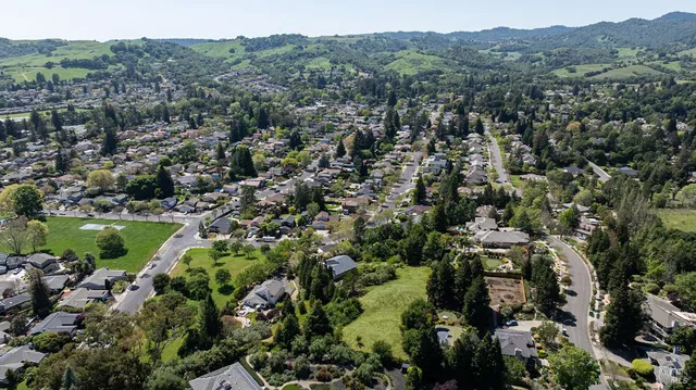 an aerial view of residential houses with outdoor space and trees
