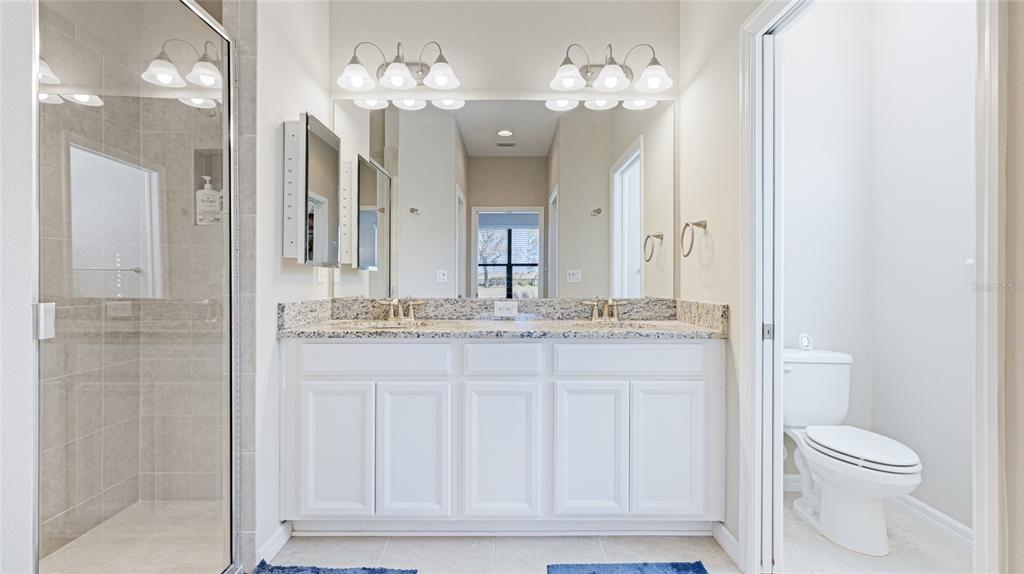 13719 Messina Loop, Unit 101 Lakewood Ranch, FL 34211 - Photo 25 of 77 a bathroom with a granite countertop sink a toilet and a mirror