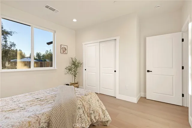 a bedroom with a bed and a closet
