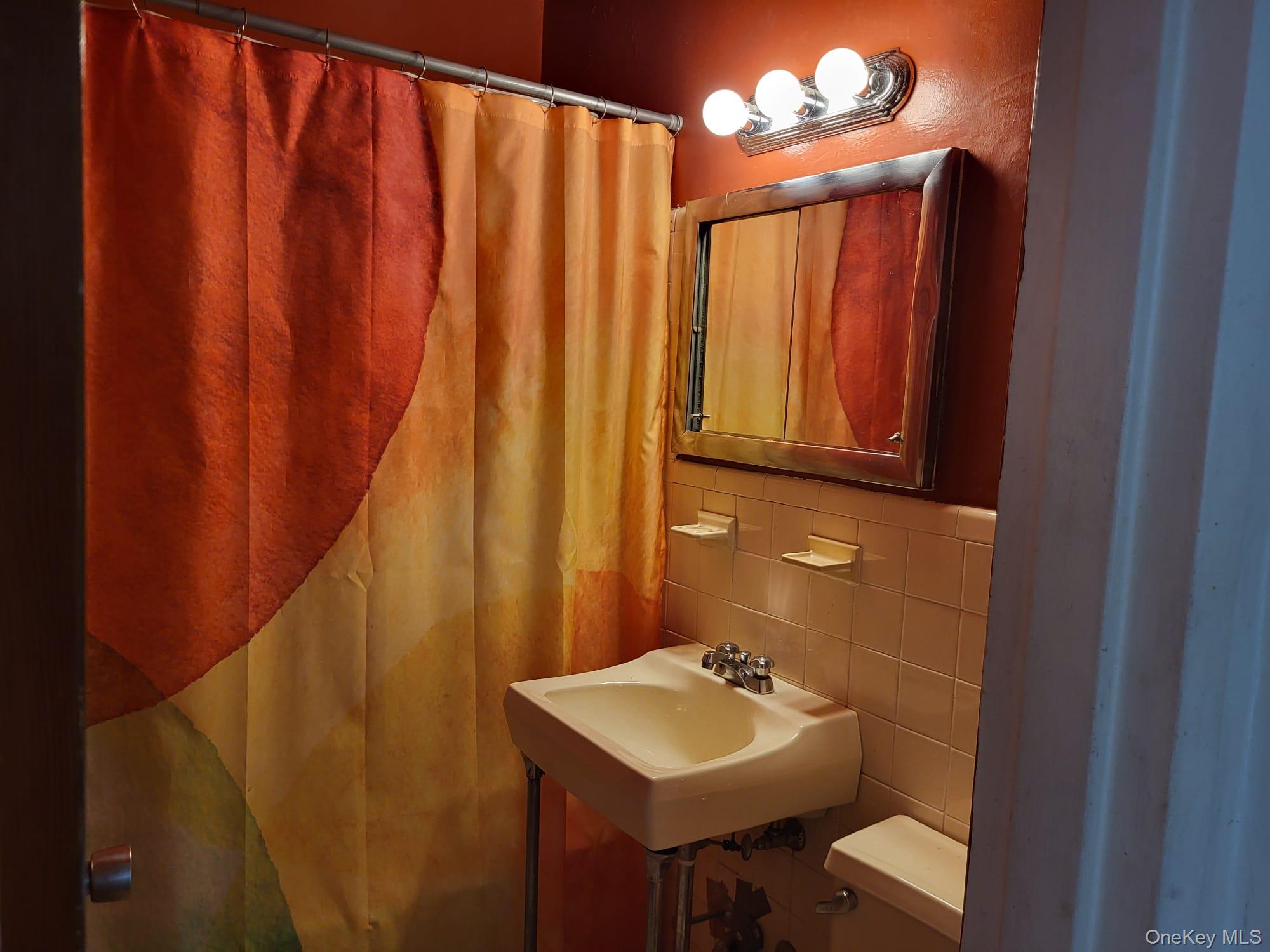 102-10 66th Road, Unit 25A Queens, NY 11375 - Photo 12 of 20 a bathroom with a sink a mirror and a shower curtain