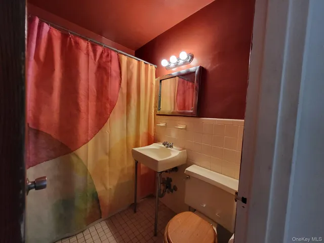 a bathroom with a sink a toilet and mirror