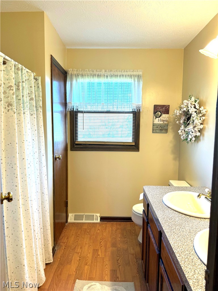 3906 Webb Road Ravenna, OH 44266 - Photo 19 of 33 Bathroom featuring a wood-finish flooring, a double vanity with integrated sinks and a speckled countertop, and a window with horizontal blinds