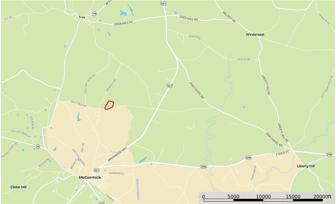 This map provides an overview of the surrounding area, highlighting key roads and local communities.
