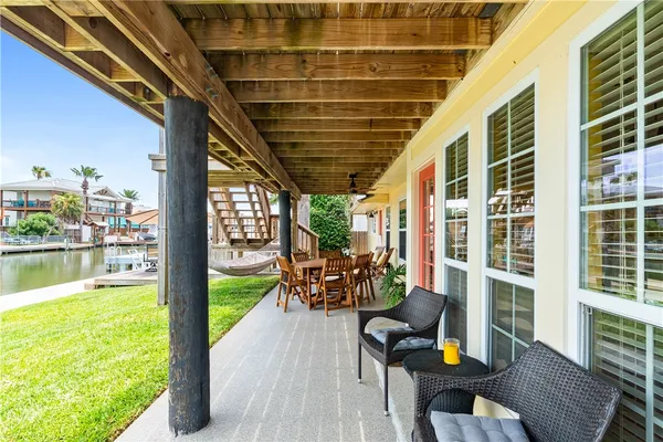 a view of porch with seating space
