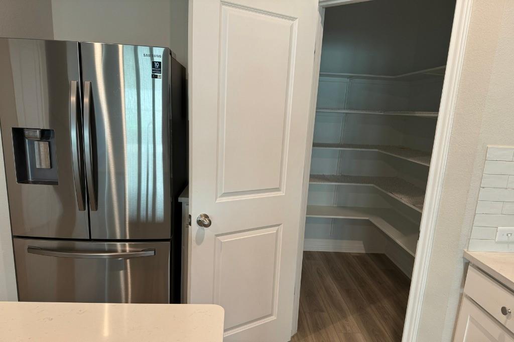 12604 Dairywork Road Buda, TX 78610 - Photo 5 of 20 An organized pantry with generous shelving and wood flooring provides abundant storage next to modern kitchen appliances.