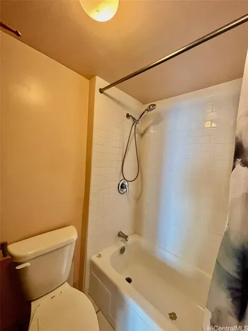 a bathroom with a shower and a toilet