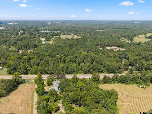 an aerial view of residential houses with outdoor space and trees