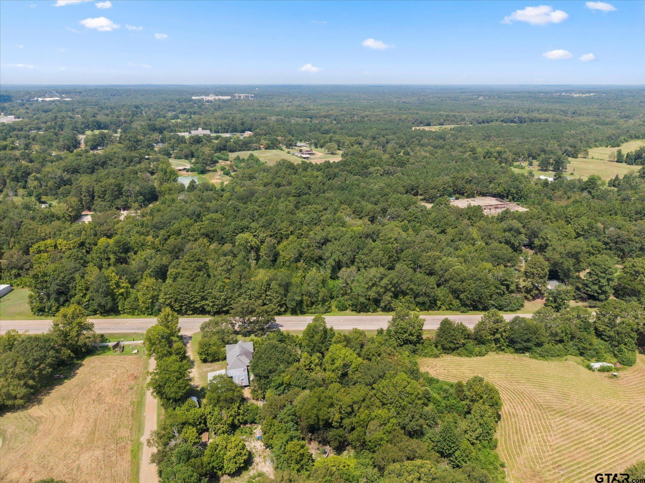 an aerial view of residential houses with outdoor space and trees