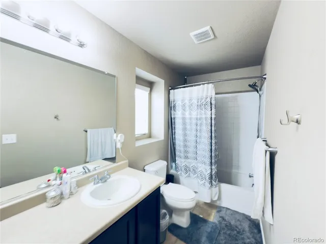 a bathroom with a sink toilet vanity and shower