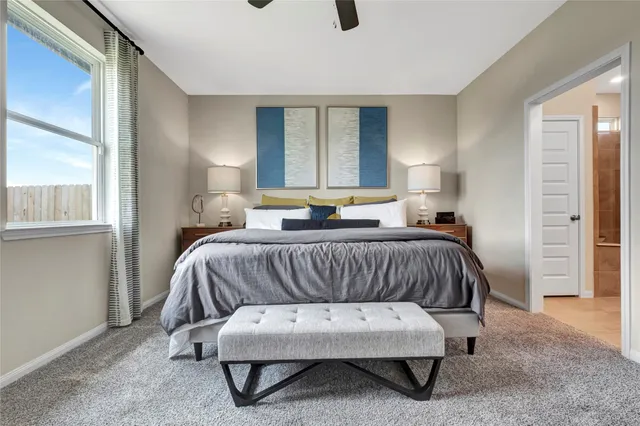 a bedroom with a bed and a dresser with rug