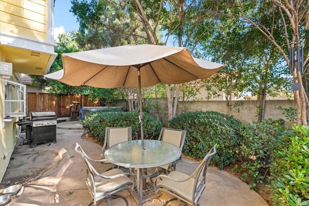 6433 Aleatico Place Rancho Cucamonga, CA 91737 - Photo 27 of 39 a view of a patio with table and chairs under an umbrella with potted plants
