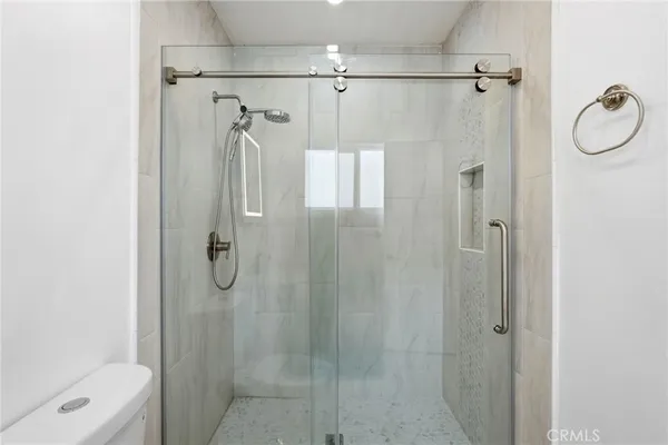 a bathroom with a shower and toilet