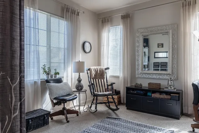 a living room with furniture rug and window