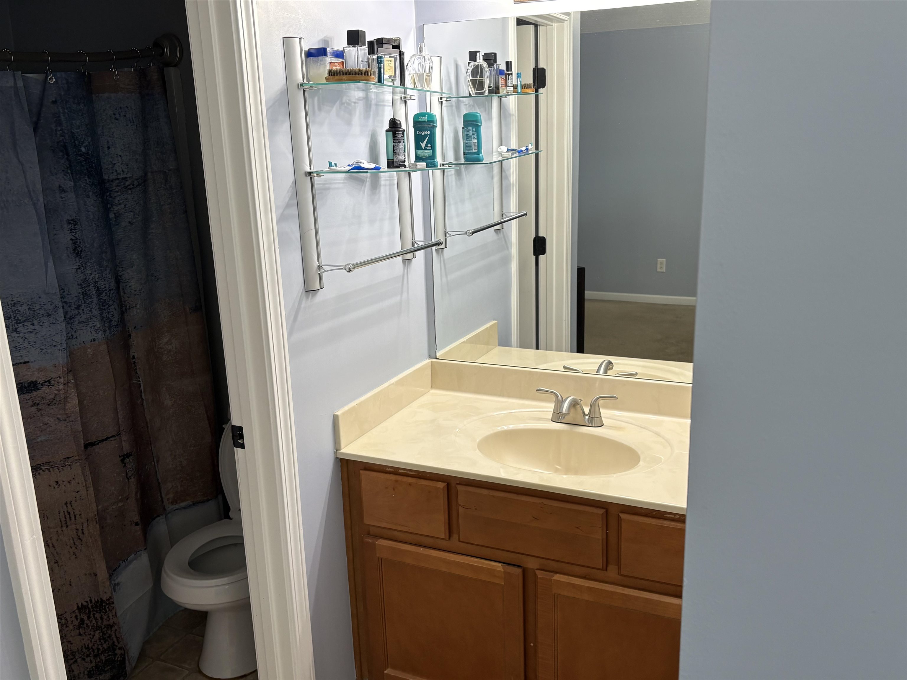4356 Cedar Hills Road Memphis, TN 38135 - Photo 19 of 29 Bathroom featuring a wood-finish vanity with a beige countertop and integrated sink, chrome faucet, and a wall-mounted mirror