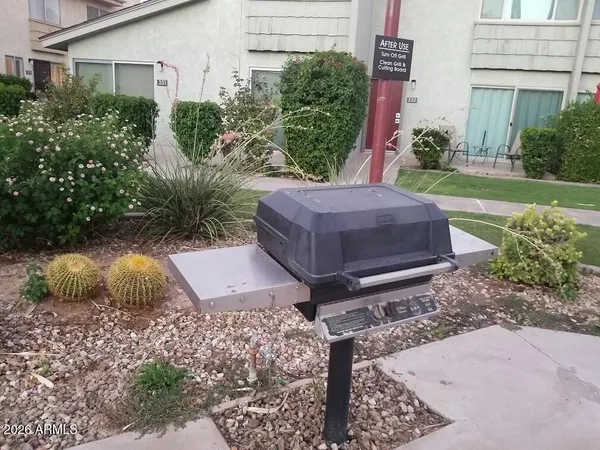 a view of a backyard with plants and outdoor seating