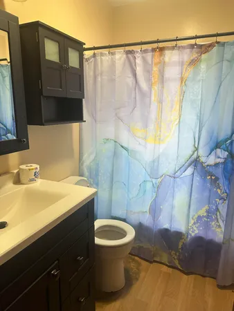 a close up of a shower curtain