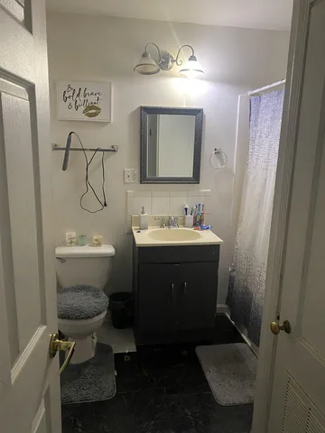 a bathroom with a sink toilet and a mirror