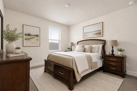 a bedroom with a bed and window