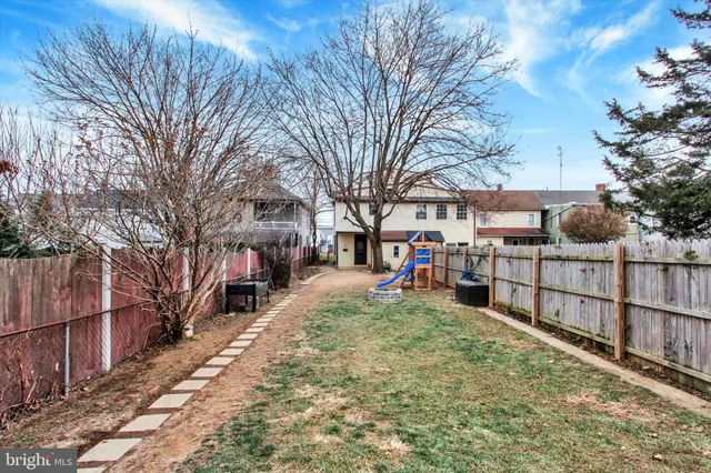 a view of a yard with a large tree