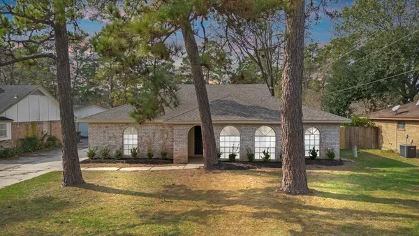 a view of a house with a yard and large tree