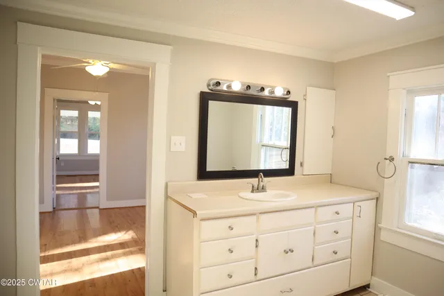 a bathroom with a sink vanity and mirror