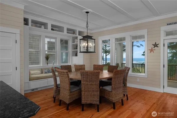 a view of a dining room with furniture window and wooden floor