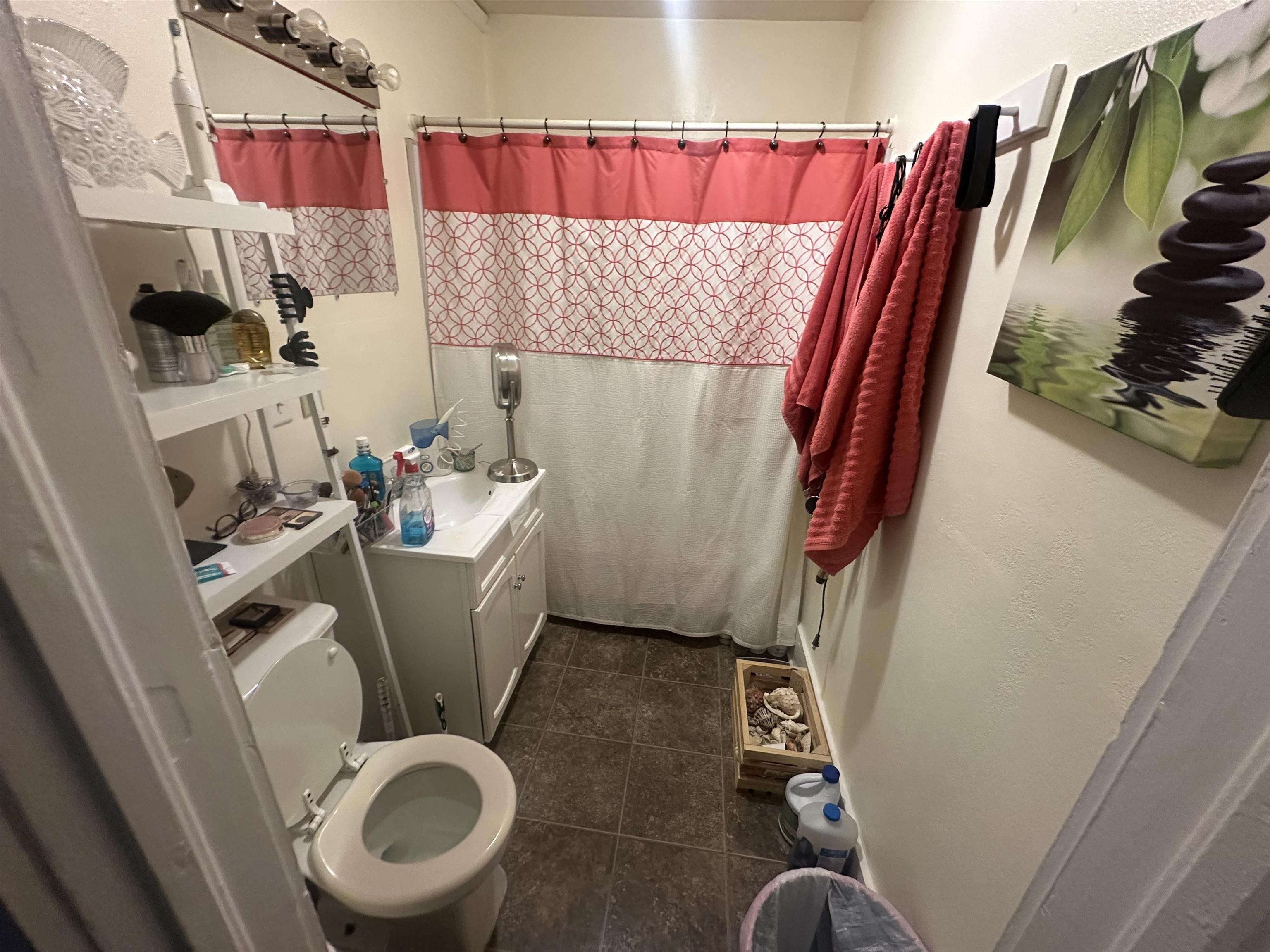 3512 Belknap Street Superior, WI 54880 - Photo 14 of 24 Full bathroom featuring vanity, a shower with curtain, and dark tile patterned floors