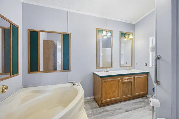 a bathroom with a tub sink and mirror