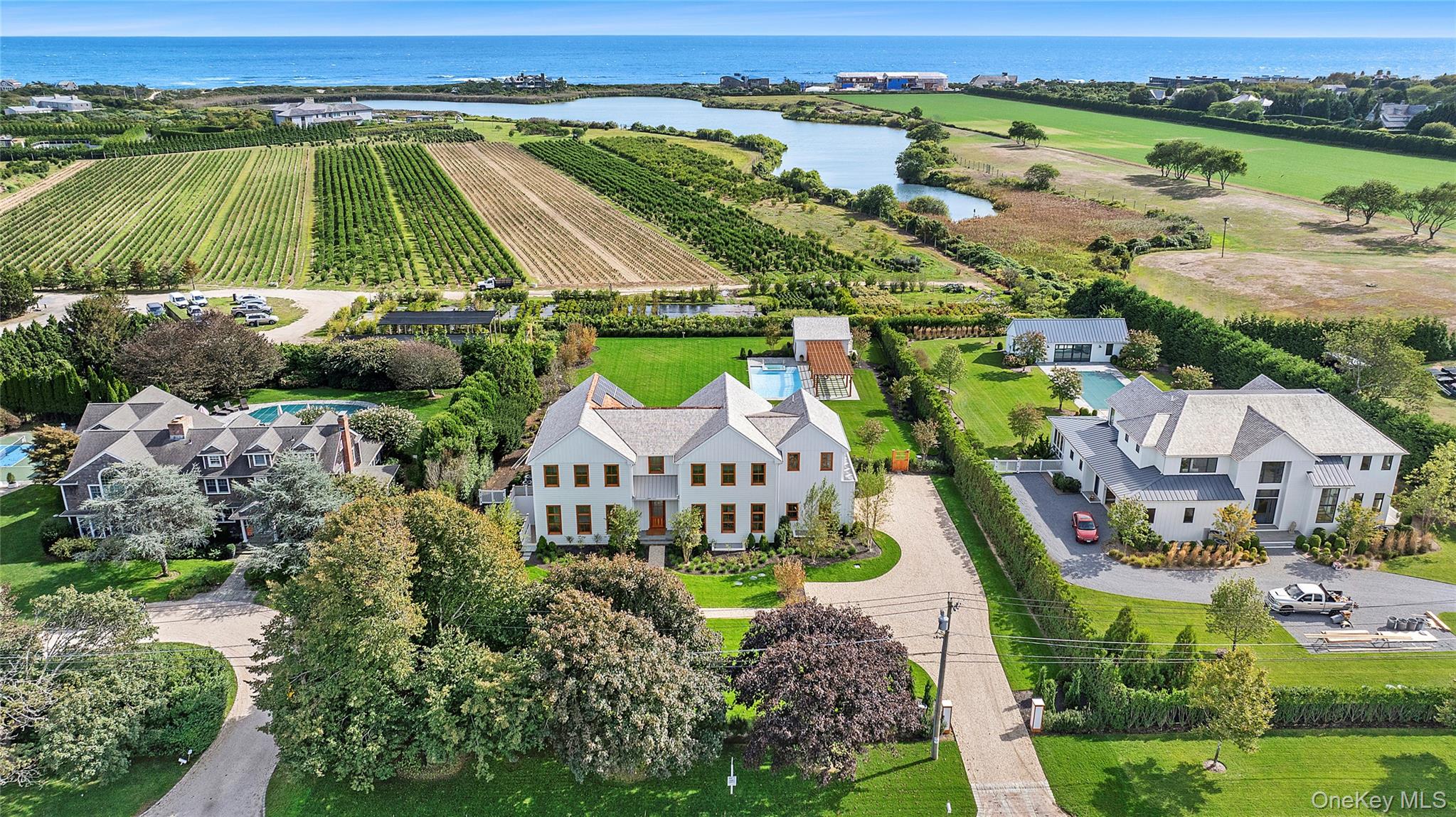 an aerial view of a house with a garden