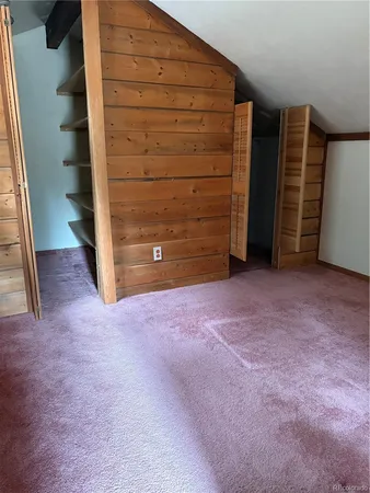 a view of an empty room with furniture and storage