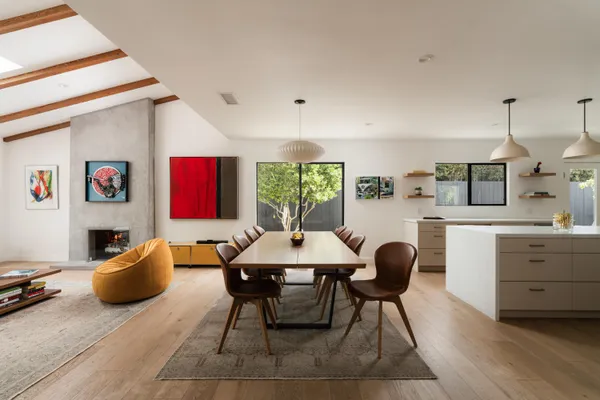 a view of a dining room with furniture