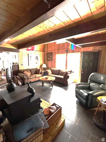 1456 Navajo Road Coalville, UT 84017 - Photo 23 of 55 Living room with wood walls, lofted ceiling with beams, and wood ceiling