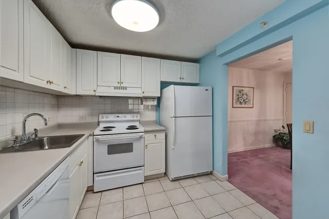 a kitchen with a refrigerator sink and cabinets