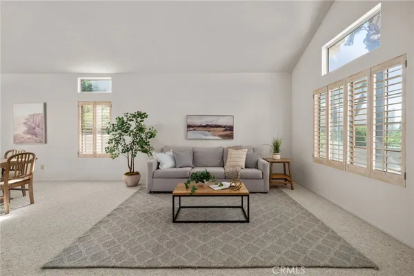 a living room with furniture and a potted plant