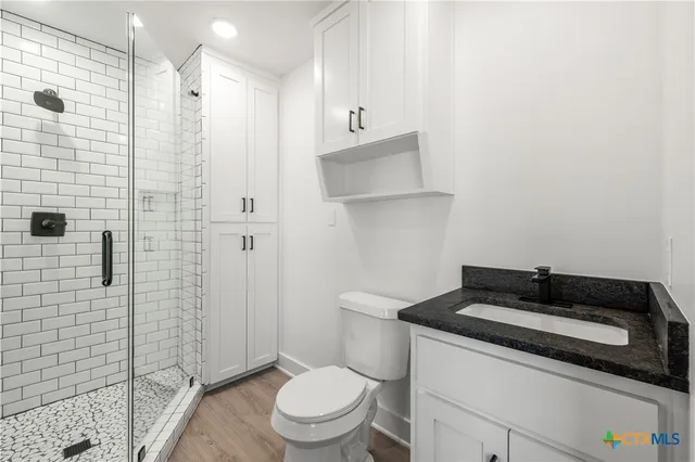 a bathroom with a granite countertop sink a toilet and shower